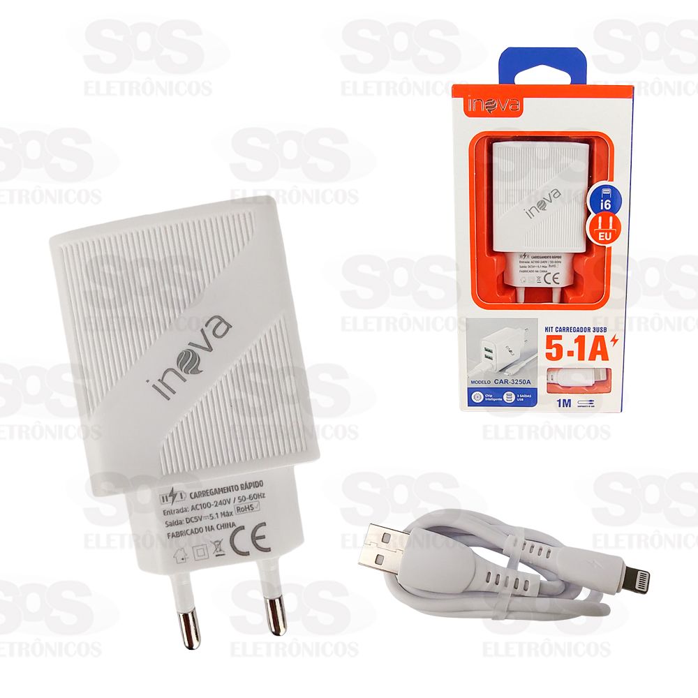 Carregador 3 USB 5.1A Com Cabo Lightning Inova CAR-3250A