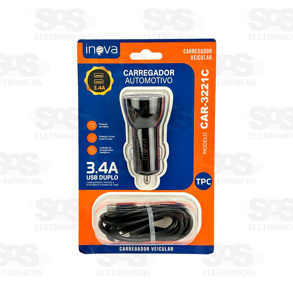 Carregador Veicular Com Cabo Type C 3.4A 2 USB Inova CAR-3221C