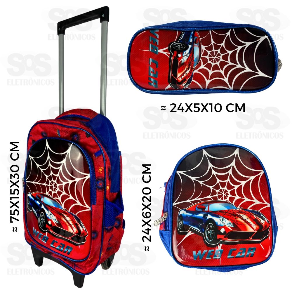 Mochila Infantil Com Estojo e Lancheira Carro Aranha Spider FUK294