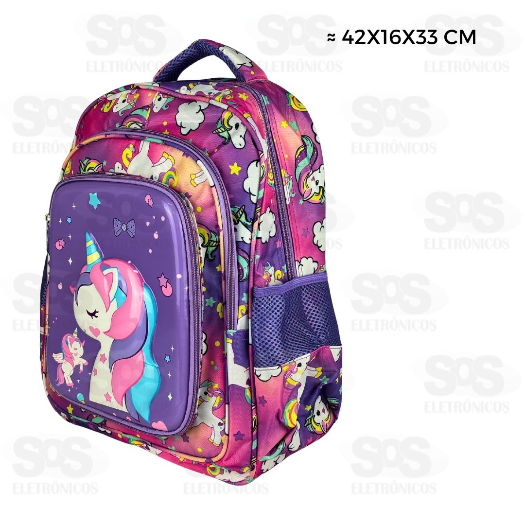 Mochila Grande Infantil 5 Bolsos Estampas Unicrnio 3D Variadas FUC61