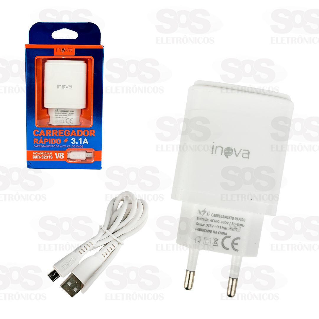 Carregador 2 USB 3.1A Com Cabo Micro V8 Inova CAR-3231S