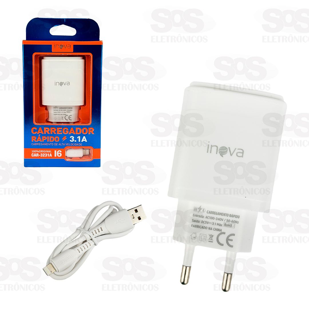 Carregador 2 USB 3.1A Com Cabo Lightning Inova CAR-3231A