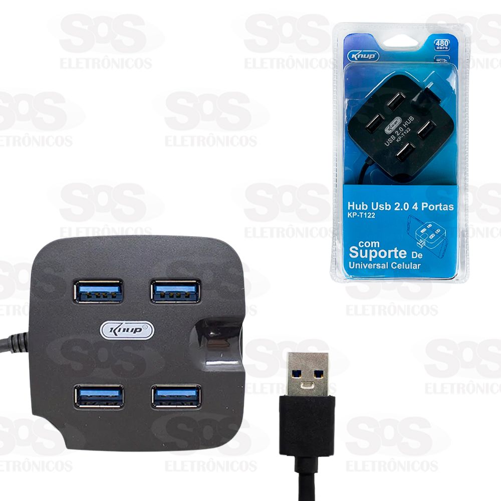 Hub USB 2.0 Com 4 Portas e Suporte De Celular 480Mbps Knup KP-T122