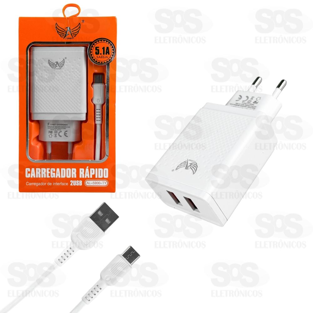 Carregador 2 USB 5.1A Com Cabo Type-C Altomex AL-5900-TY