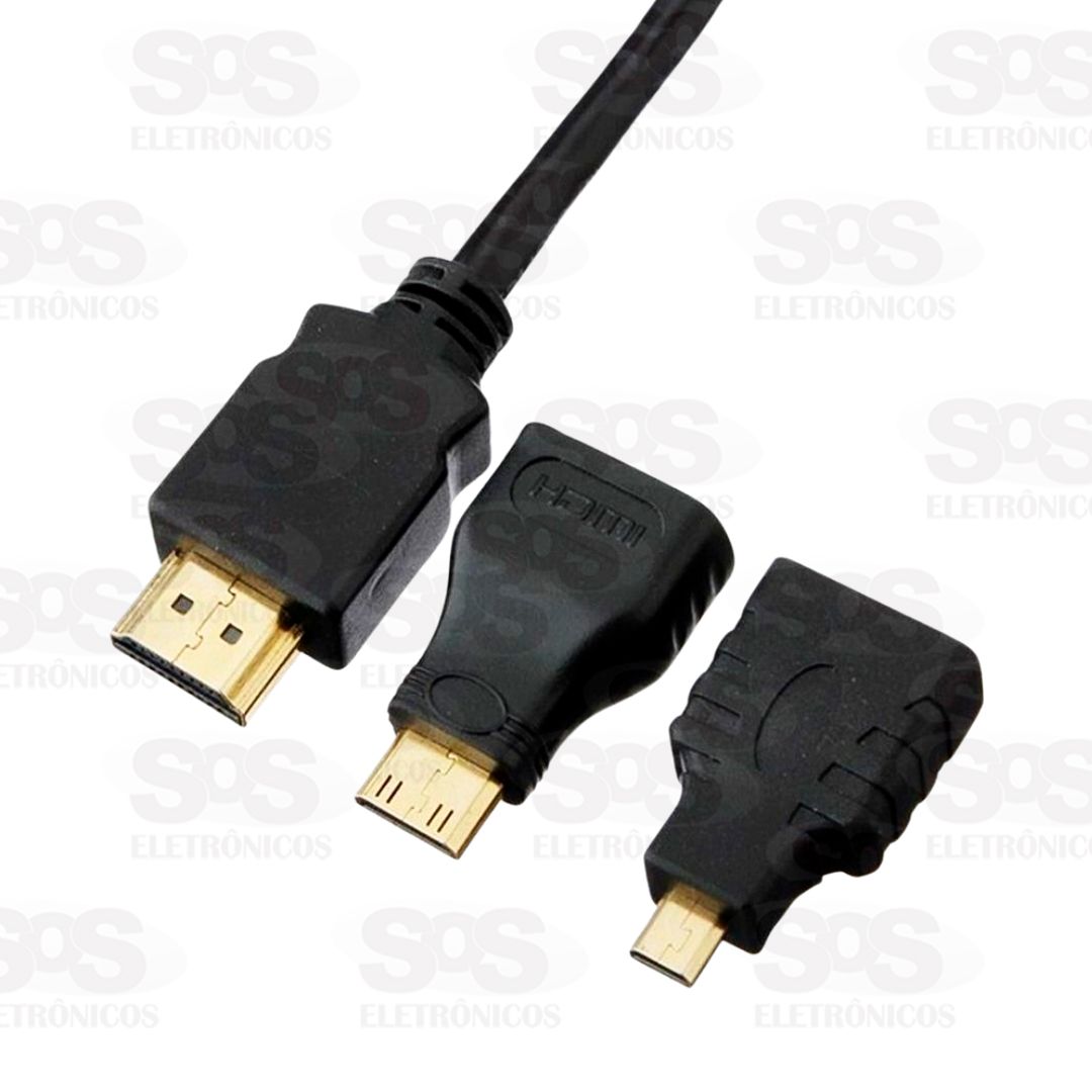 Cabo HDMI 3 em 1 Com Adaptador Mini e Micro Multifuncional 1.5 Metros