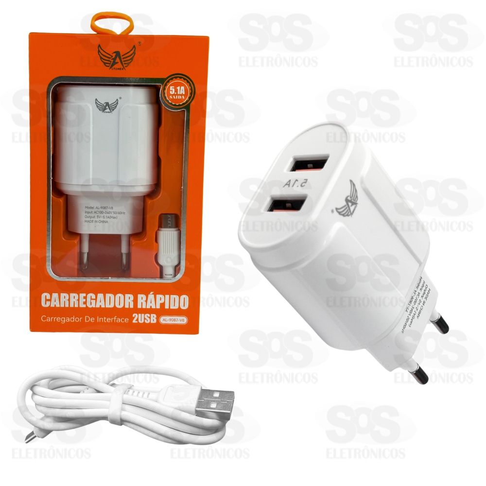 Carregador Rpido 2 USB 5.1A Com Cabo Micro USB V8 Altomex AL-9087-V8