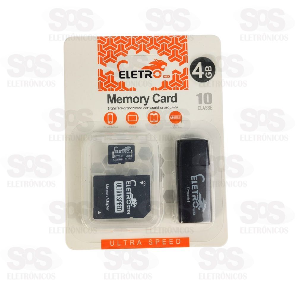 Carto De Memria 4GB Com Adaptador SD E Leitor de Carto Eletromex EL-MC-4