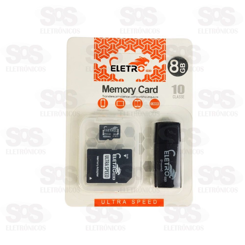Carto De Memria 8GB Com Adaptador SD E Leitor de Carto Eletromex EL-MC-8