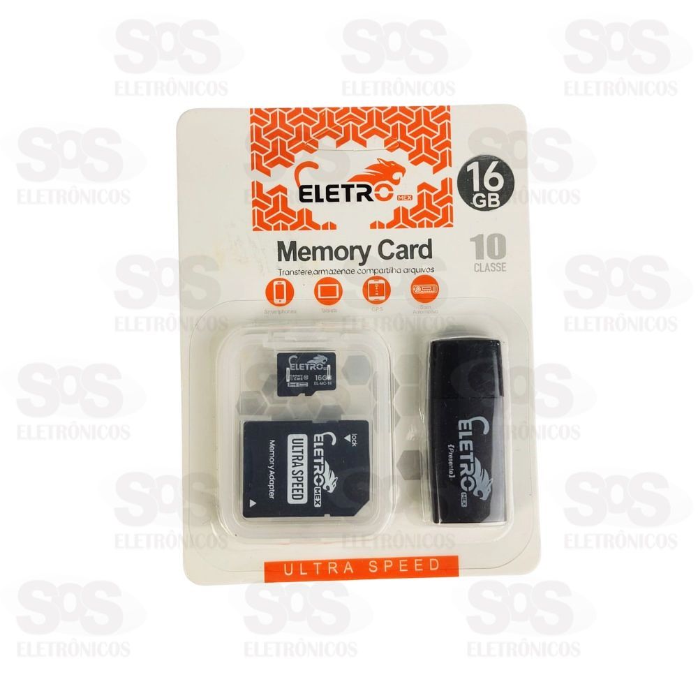 Carto De Memria 16GB Com Adaptador SD E Leitor de Carto Eletromex EL-MC-16