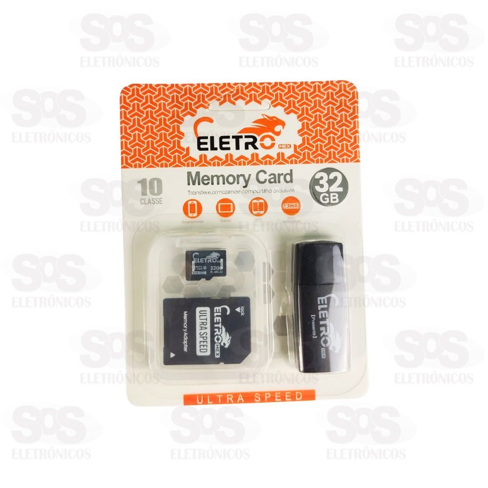 Carto De Memria 32GB Com Adaptador SD E Leitor de Carto Eletromex EL-MC-32
