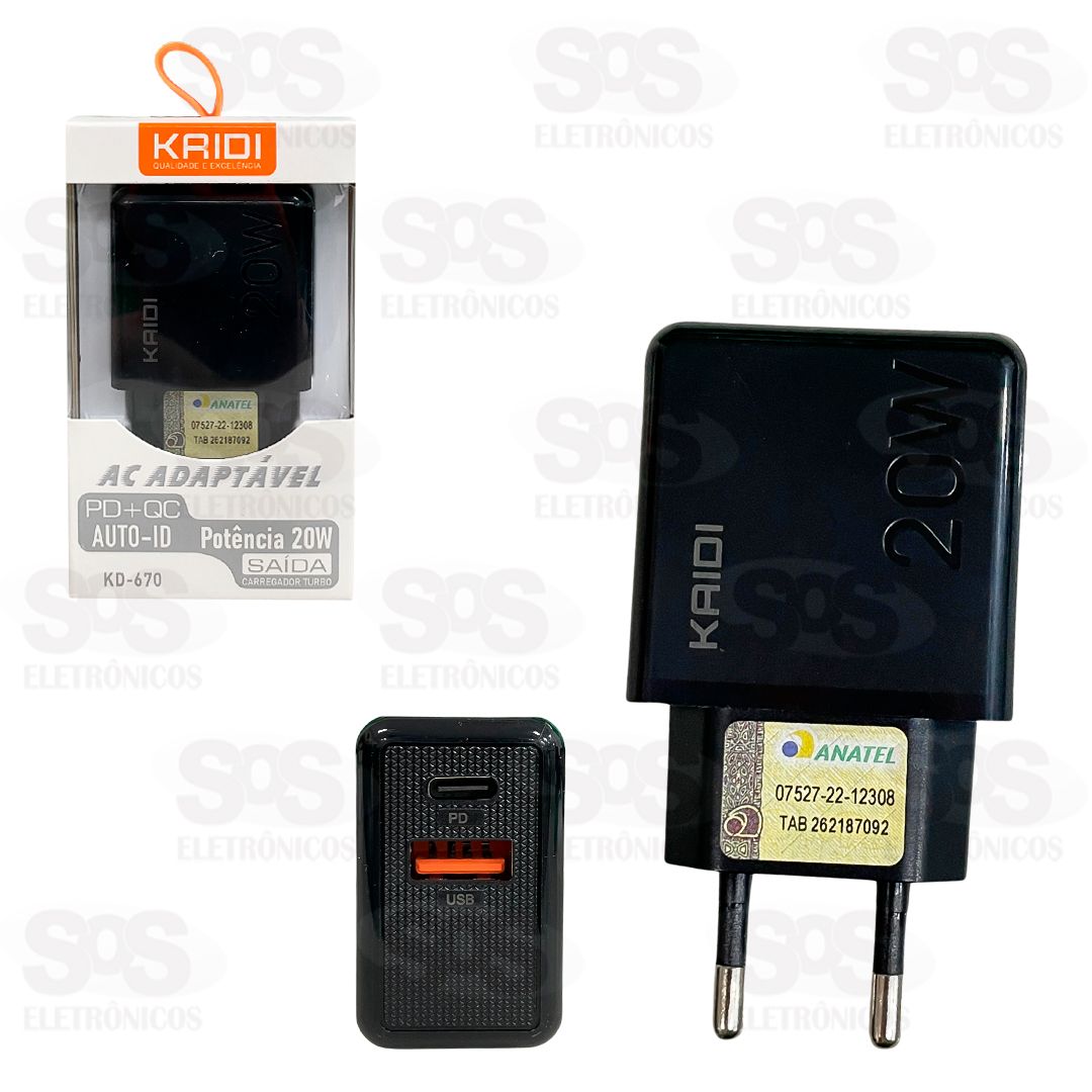 Fonte Carregador Rápido USB + PD 20W Kaidi KD-670
