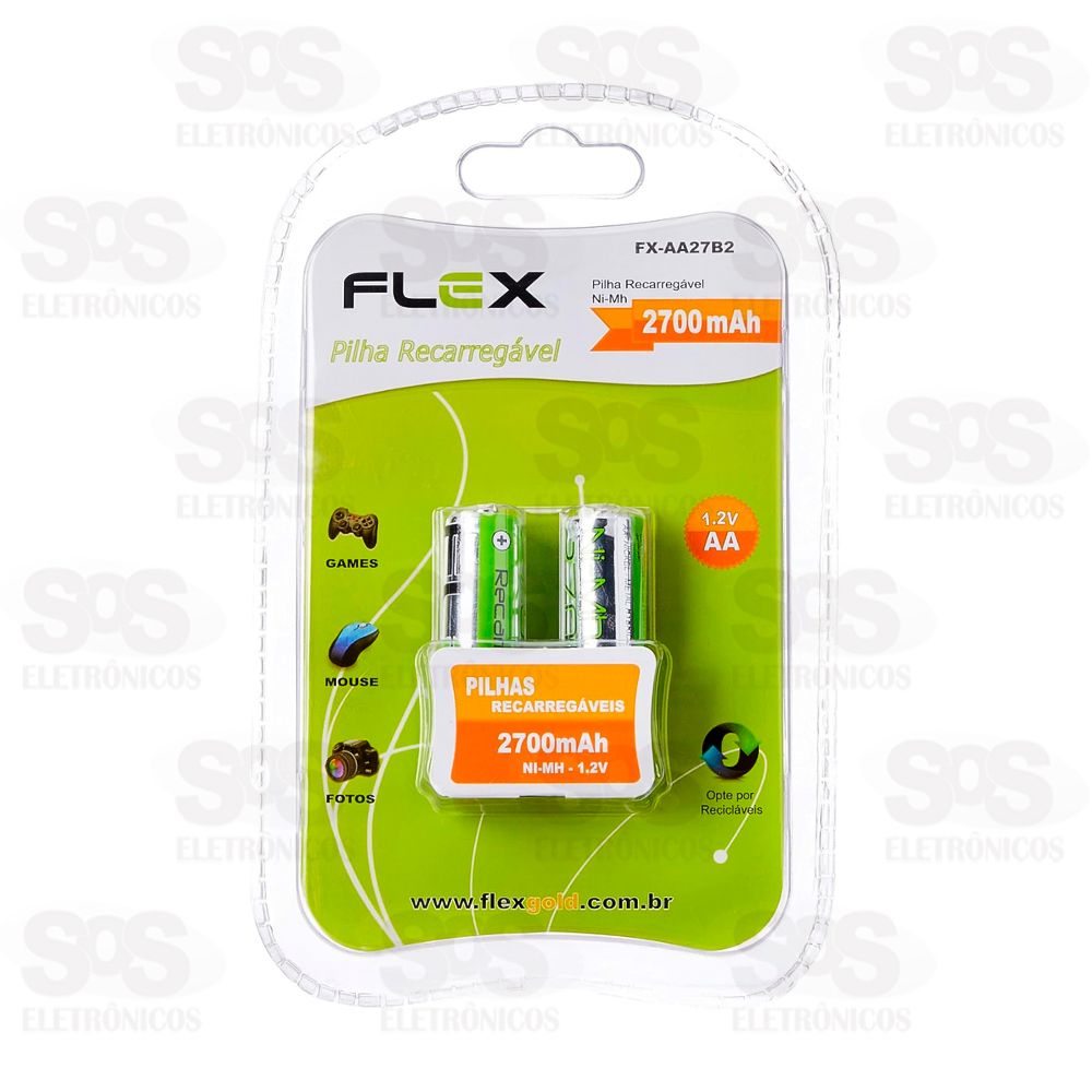 Pilhas AA 1.2V Recarregável 2700mAh 2 Unidades Flexgold FX-AA27B2