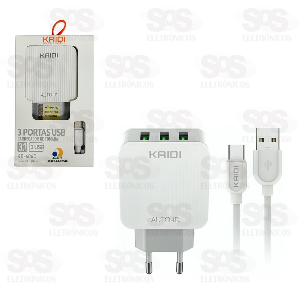 Carregador 3 USB 3.1A Com Cabo Type C Kaidi KD-606C