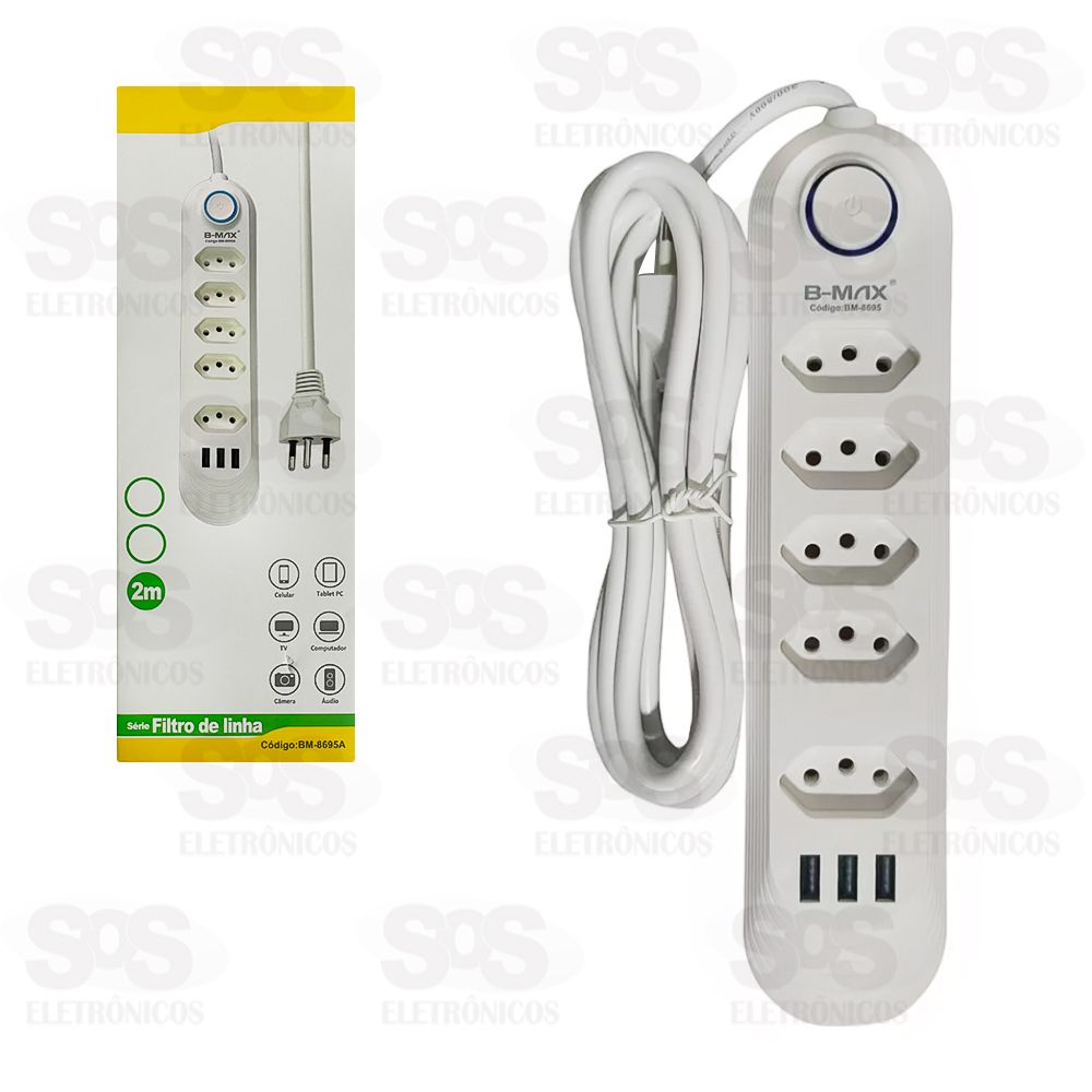 Filtro De Linha 5 Tomadas e 3 USB Bivolt B-Max BM-8695A