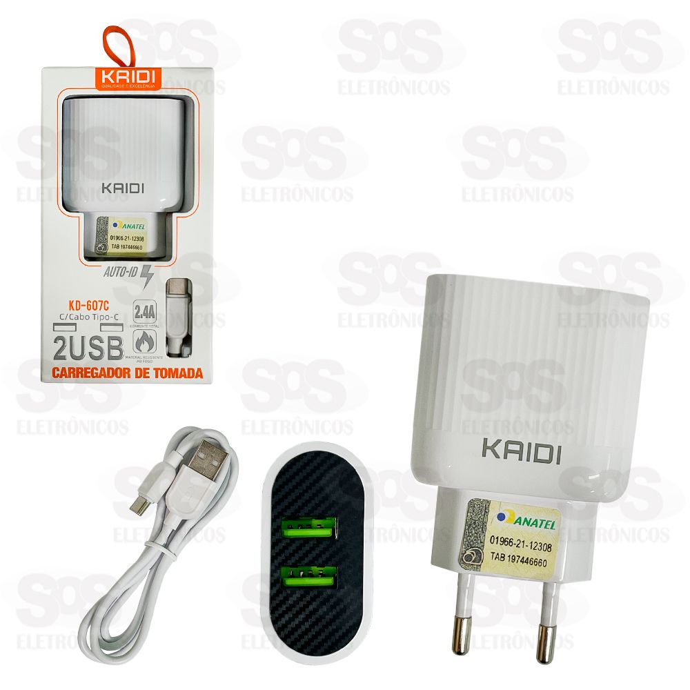 Carregador 2 USB 2.4A Com Cabo Type C Kaidi KD-607C