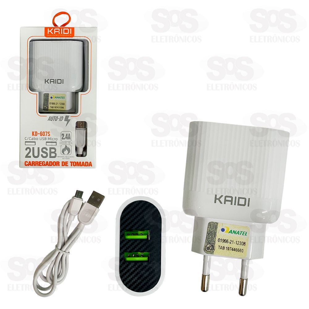 Carregador 2 USB 2.4A Com Cabo Micro USB V8 Kaidi KD-607S