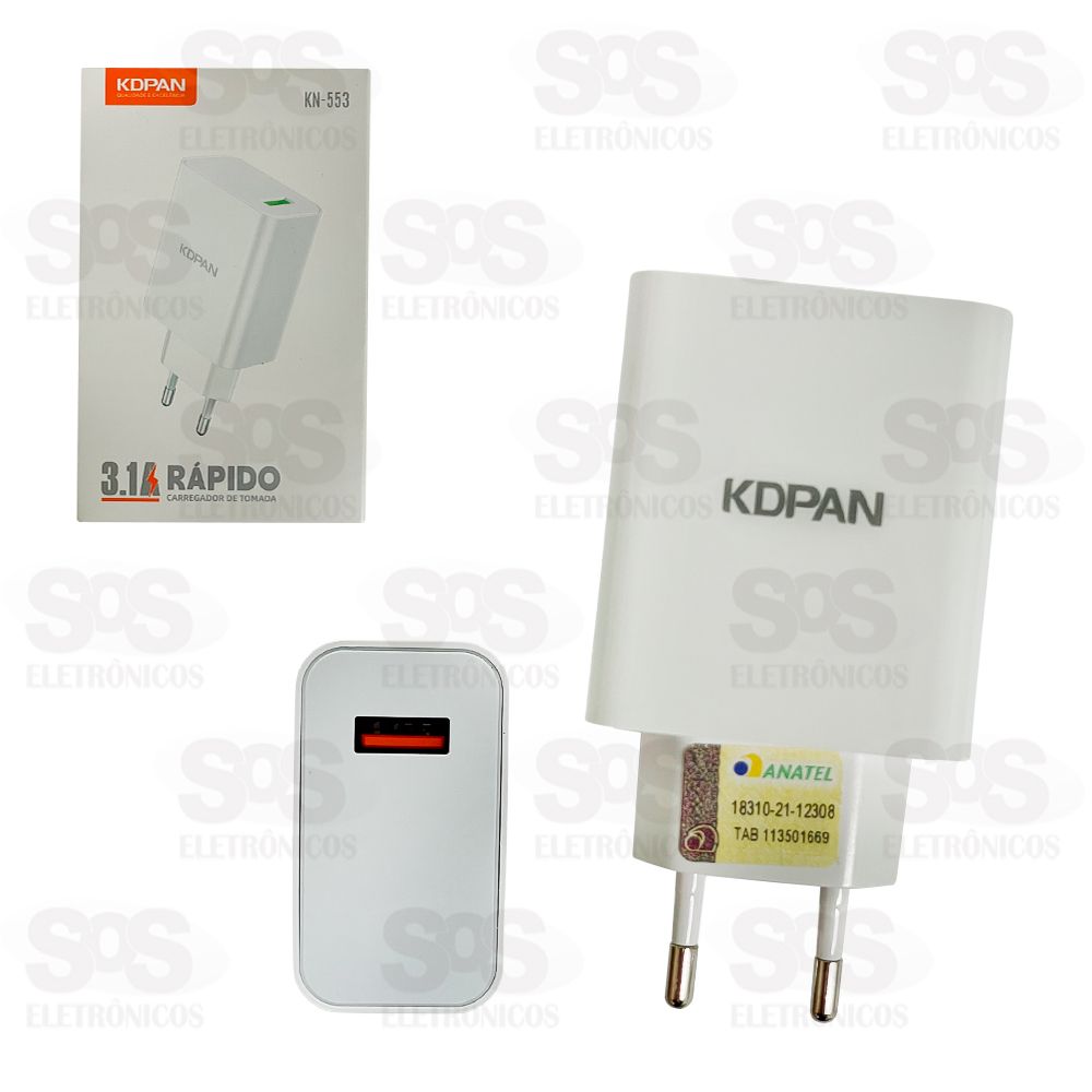 Fonte De Parede Carregador Rpido USB 3.1A 25W KDPAN KN-553