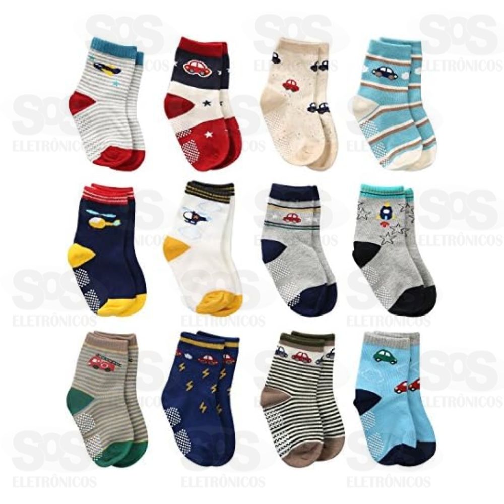 Kit 12 Pares Meia Infantil Antiderrapante Sortidas