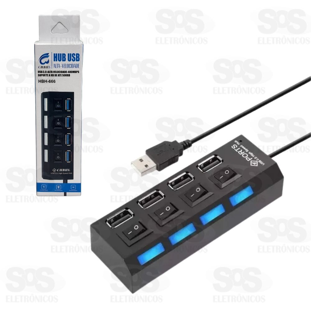 Hub 4 Portas USB 3.0 Com LED HBH-666
