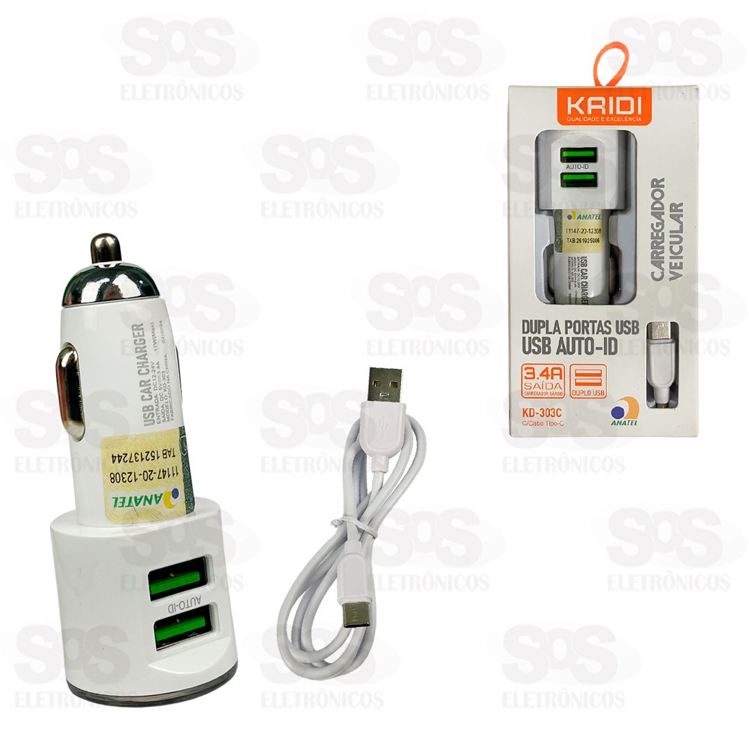 Carregador Automotivo 2 USB 3.4A Cabo Type C Kaidi KD-303C
