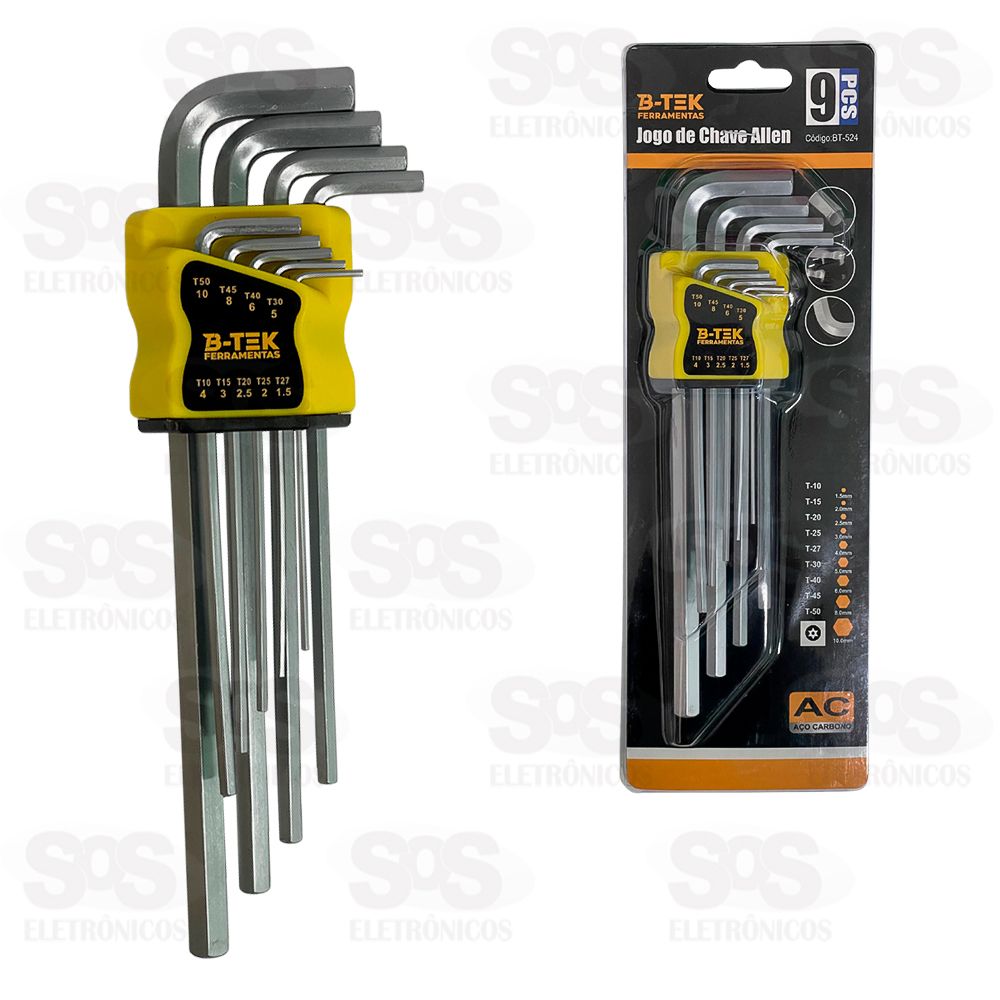 Kit Chave Allen 1,5 a 10mm Com 9 Peças B-Tek BT-524