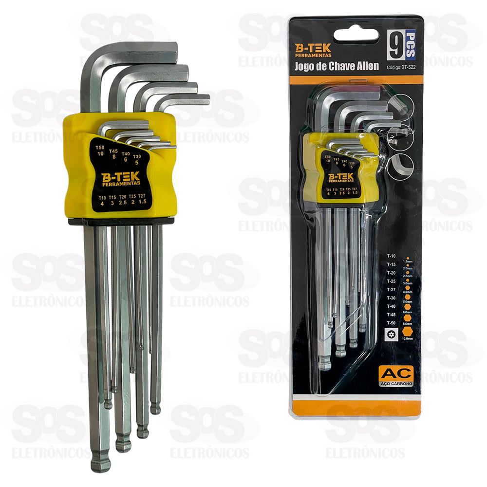 Kit Chave Allen 1,5 a 10mm Com 9 Peças B-Tek BT-522