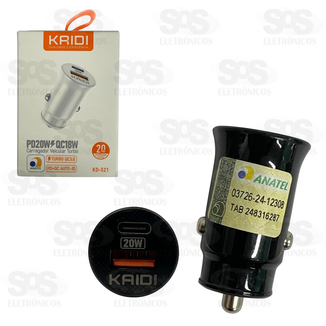 Fonte Carregador Veicular USB+PD 20W Kaidi KD-521