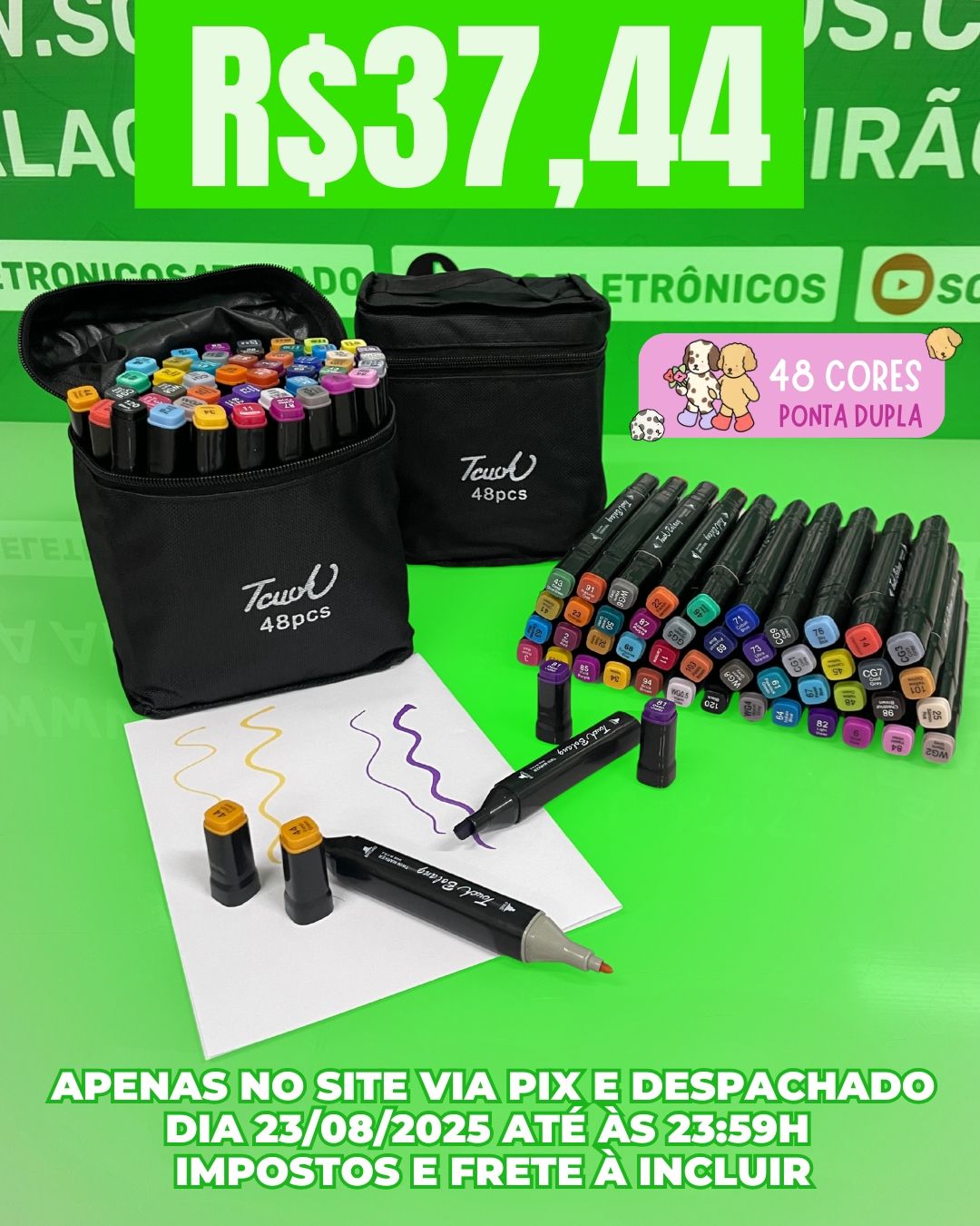 Kit 48 Caneta Marcador Ponta Dupla Cores Sortidas