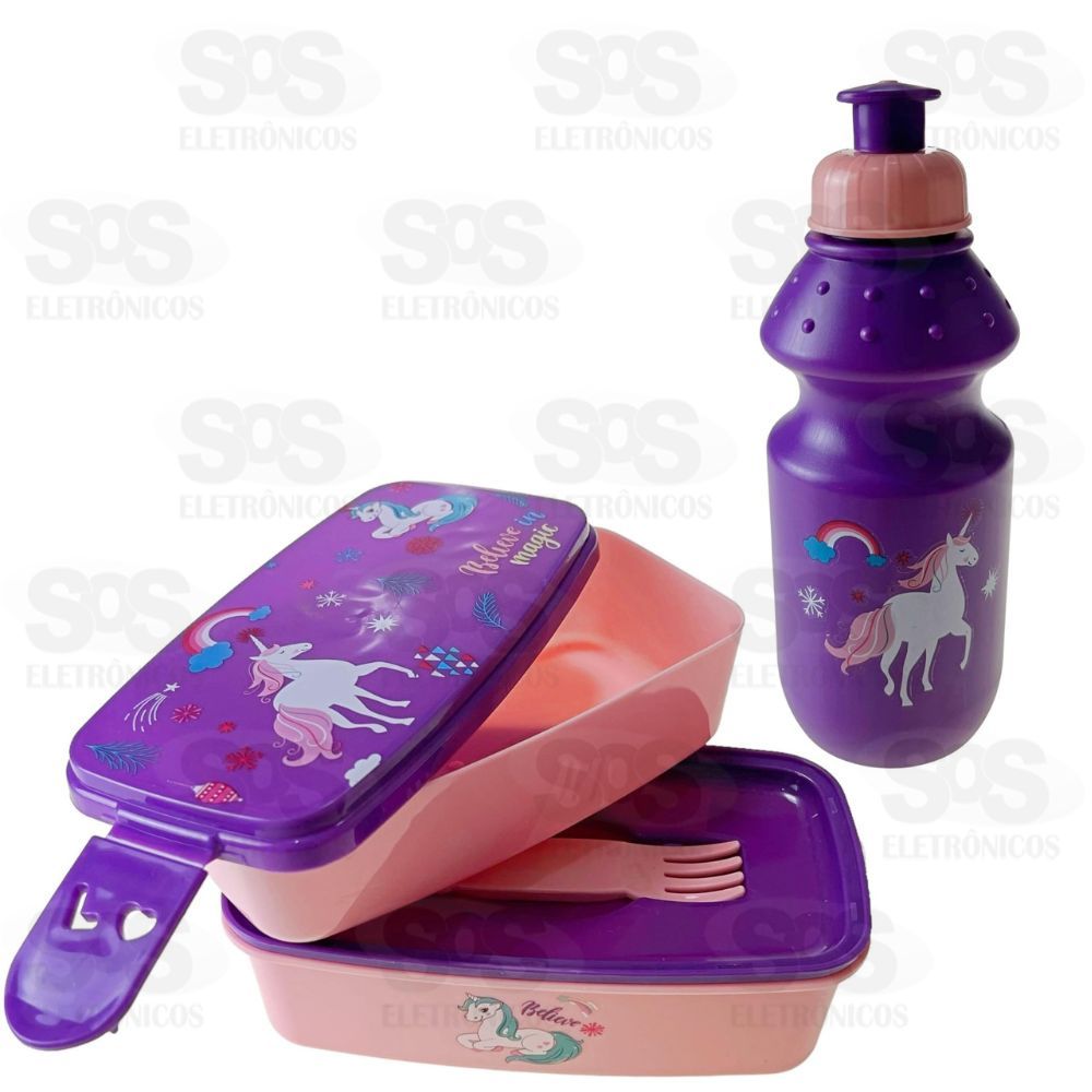 Kit Marmita Infantil Unicórnio Com Colher e Garrafa Caerus