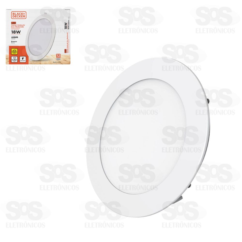 Painel Slim Aluminio Redondo Embutir LED Branco Frio 18W 6500K Black+Decker 1200-02