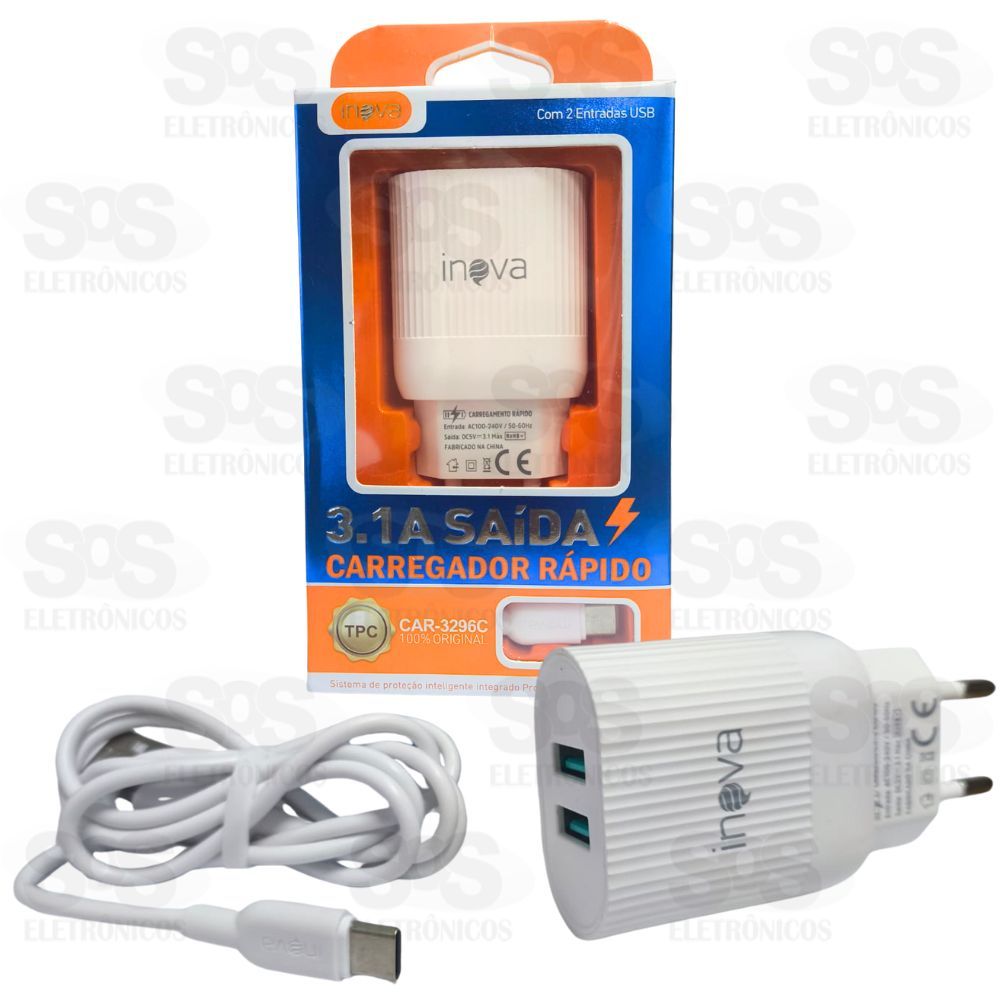 Carregador 2 USB 3.1A Com Cabo Type C Inova CAR-3296C
