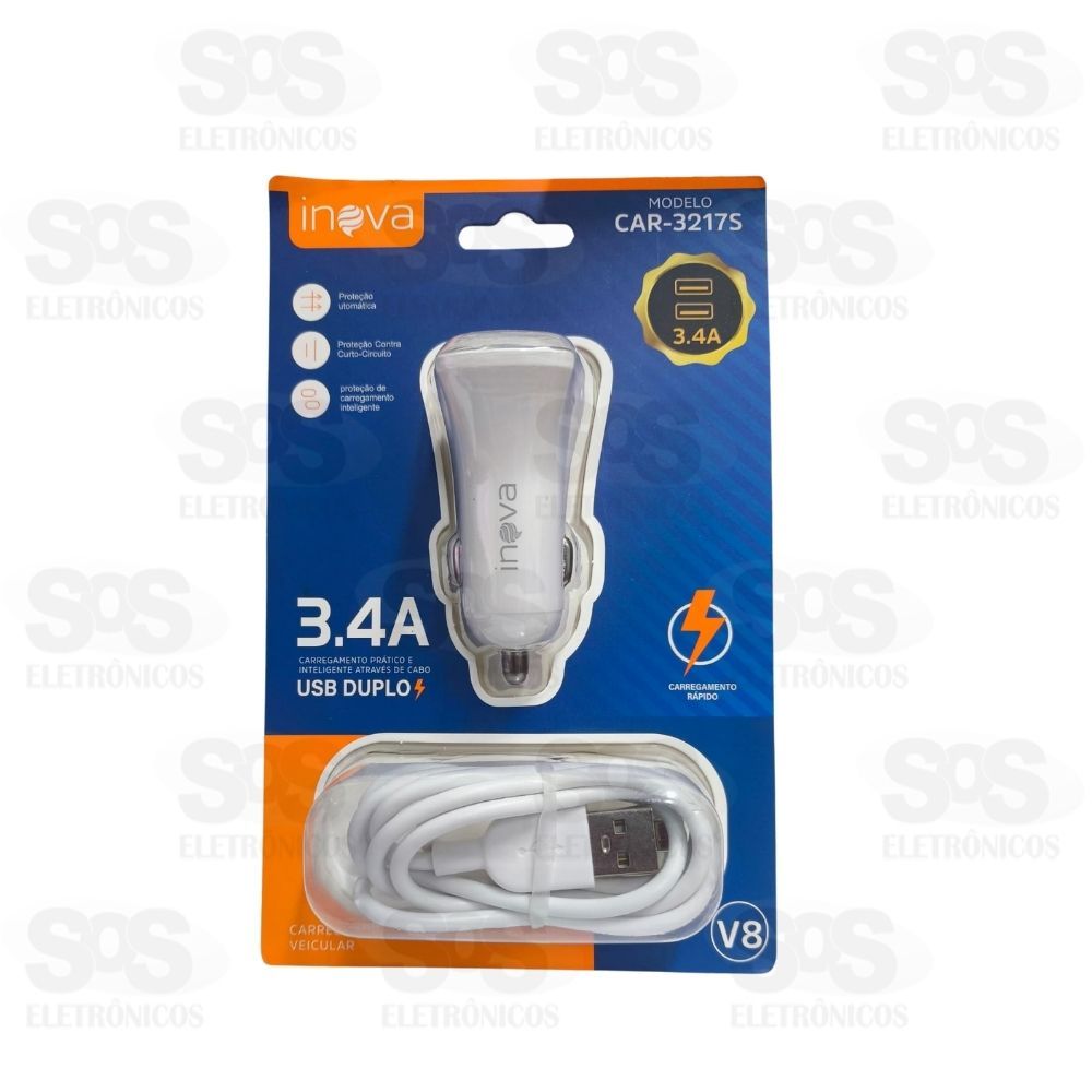 Carregador Veicular 2 Portas USB 3.4A Cabo Micro USB V8 Inova CAR-3217S