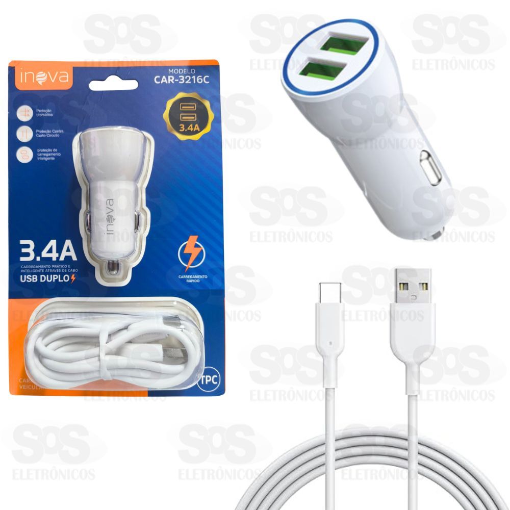 Carregador Automotivo 3.4A Com 2 USB Cabo Type-C Inova CAR-3216C