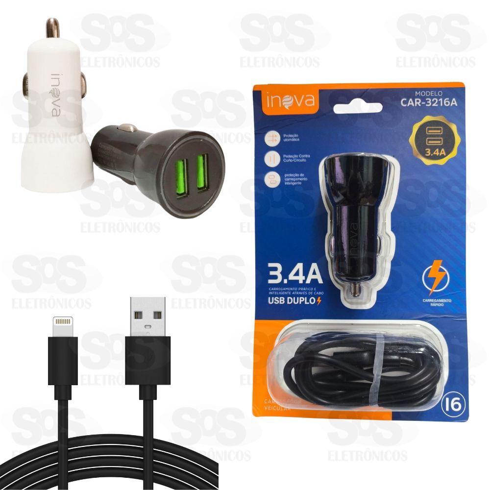 Carregador Veicular 2 USB 3.4A Cabo Iphone Inova CAR-3216A