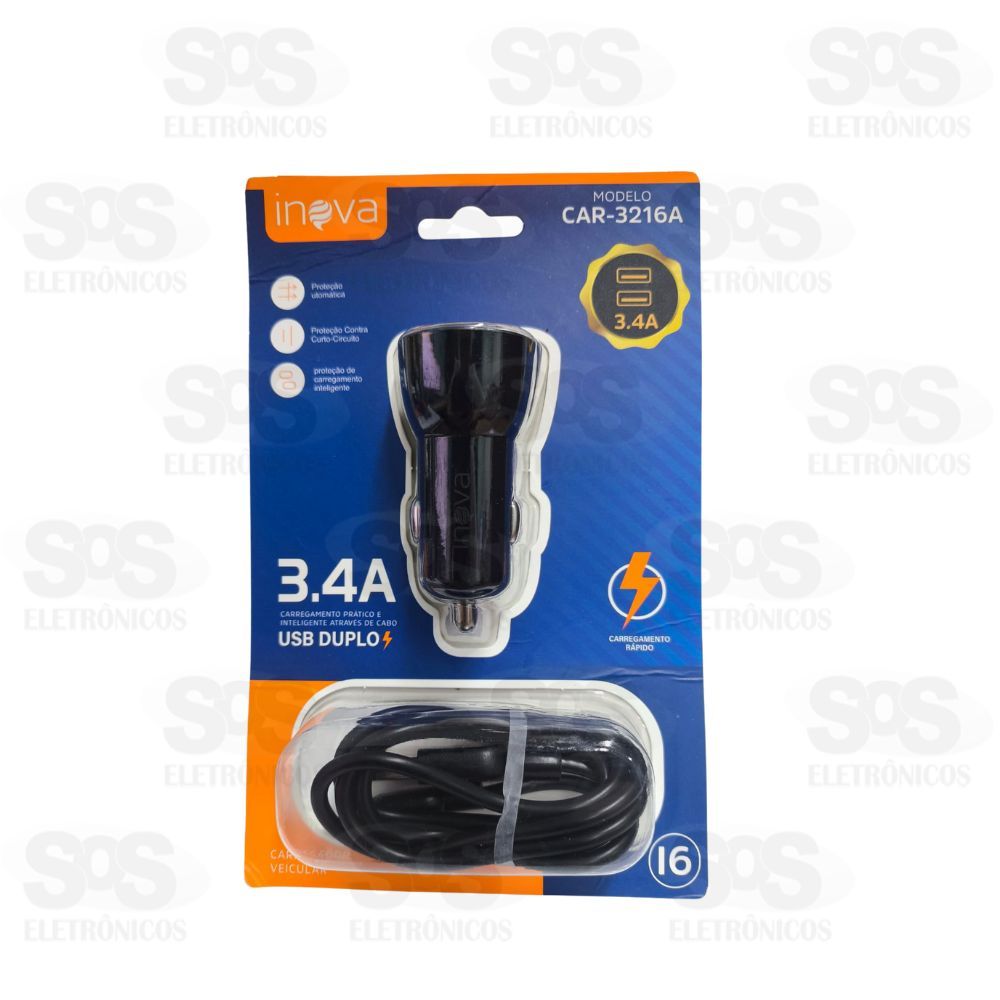 Carregador Veicular 2 USB 3.4A Cabo Iphone Inova CAR-3216A
