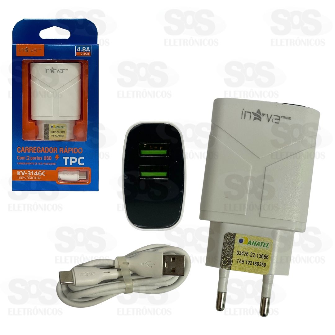 Carregador 2 USB 4.8A Com Cabo Type C Inova KV-3146C