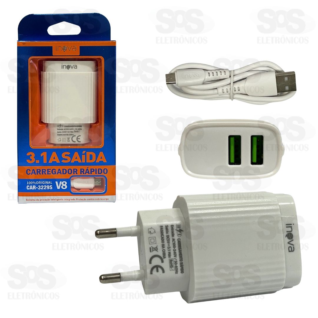 Carregador Rápido 2 USB 3.1A Cabo Micro V8 Inova CAR-3229S