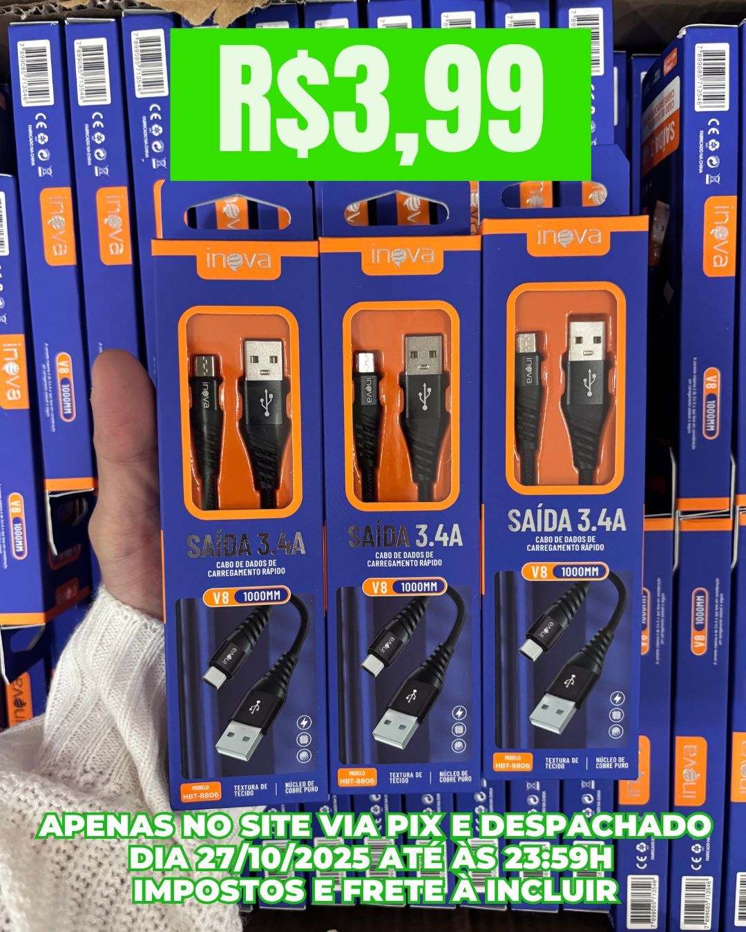 Cabo De Dados 3.4A Micro USB V8 1 Metro Inova CBO-6008